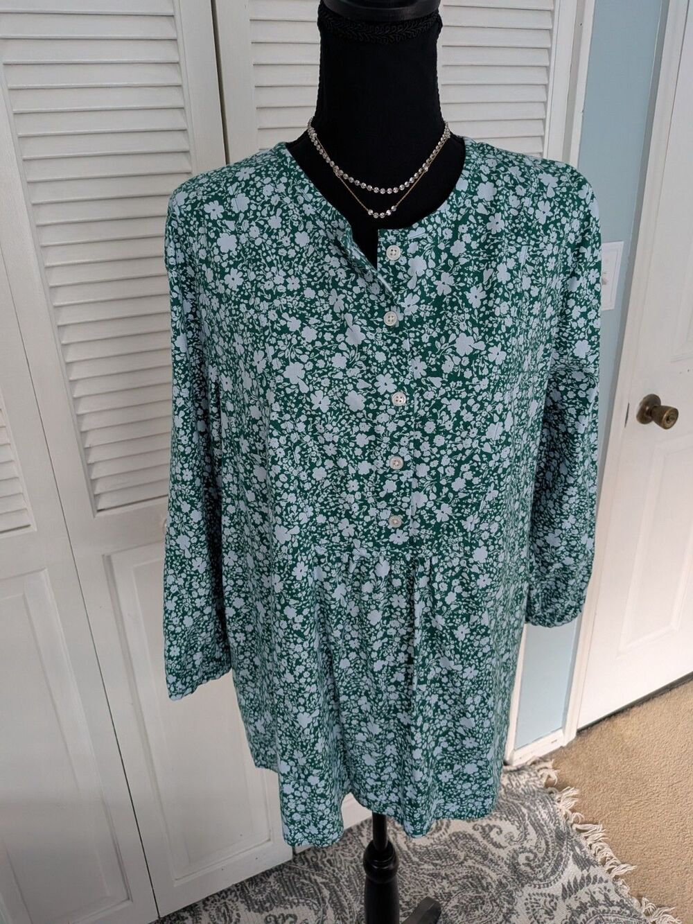 Lands End Top Women's M Ditsy Print Floral Green Cottagecore Blouse Tunic NEW